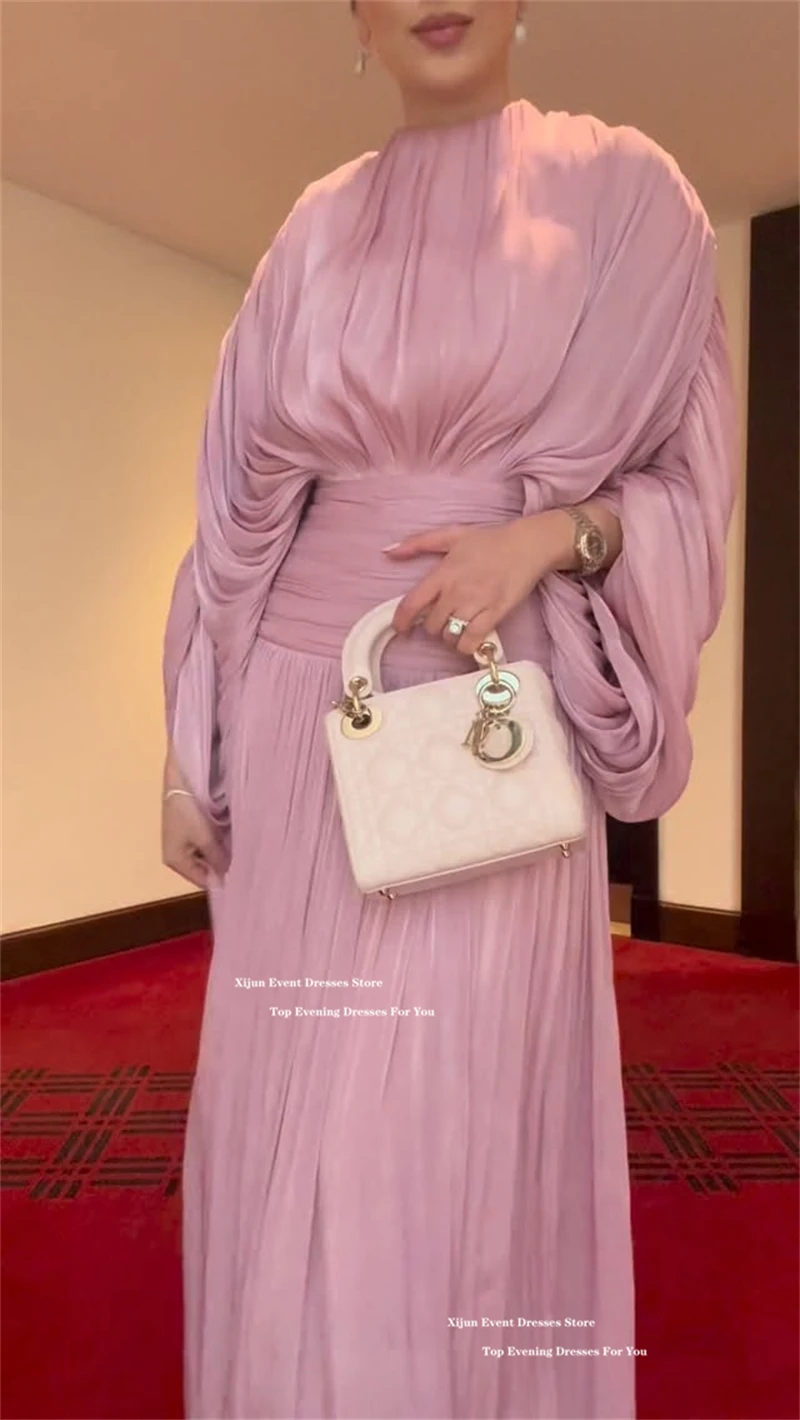 Xijun Luxury Pink Evening Dresses Pleated A-Line O-Neck Dubai Prom Dresses Modest Long Sleeves Maxi Prom Gowns 2026 Customized image 3