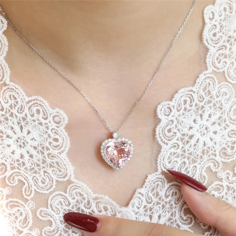 Korean girl heart-shaped pink diamond necklace full diamond pendant collarbone chain dating must-have Valentine's Day gift