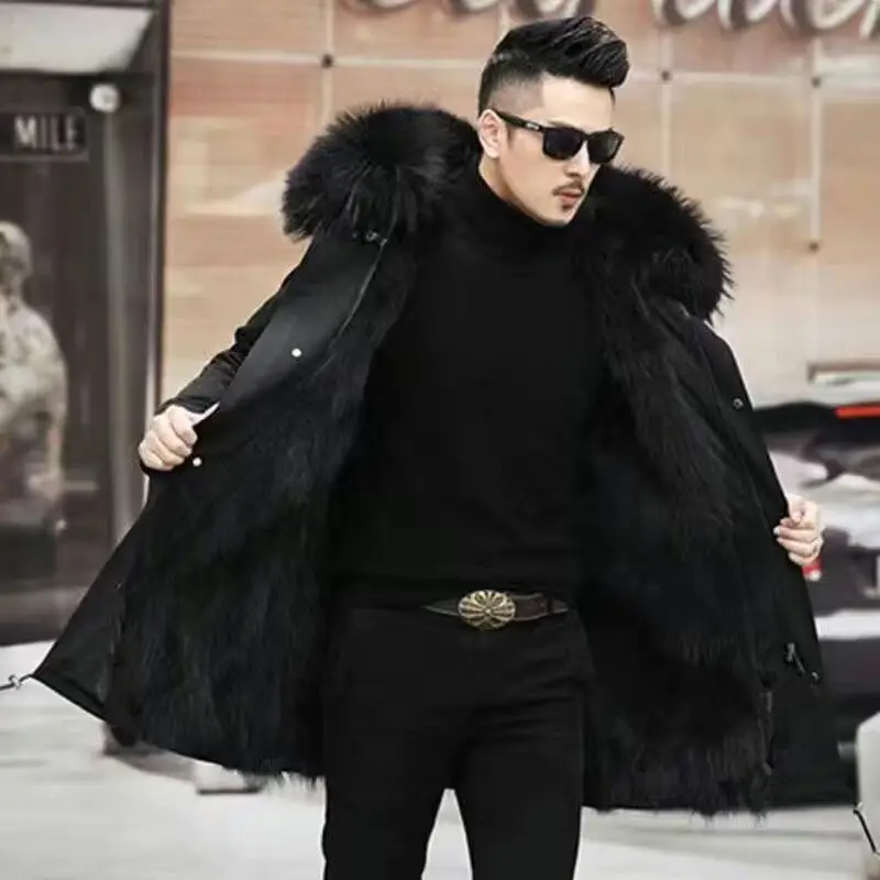 

Parker Men's Imitation Fur Liner Winter Warm New Fur One-piece Coat Imitation Mink Fleece Mid-length Fur Coat