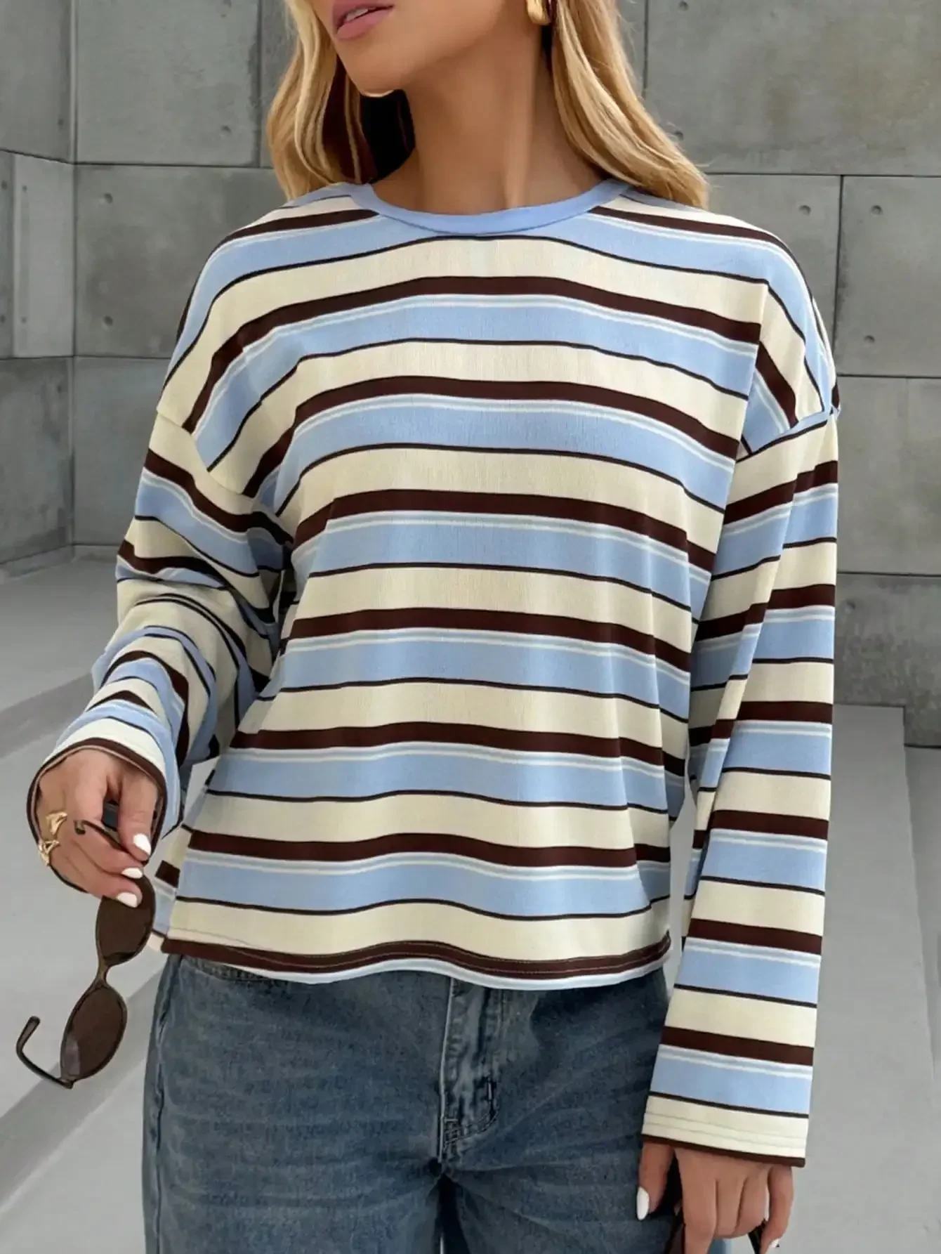 2026 Women Striped Long Sleeve T-Shirt, Fall Winter Loose Crew Neck Top, Soft Faux Cotton Oversized Casual Daily Blouse view 4