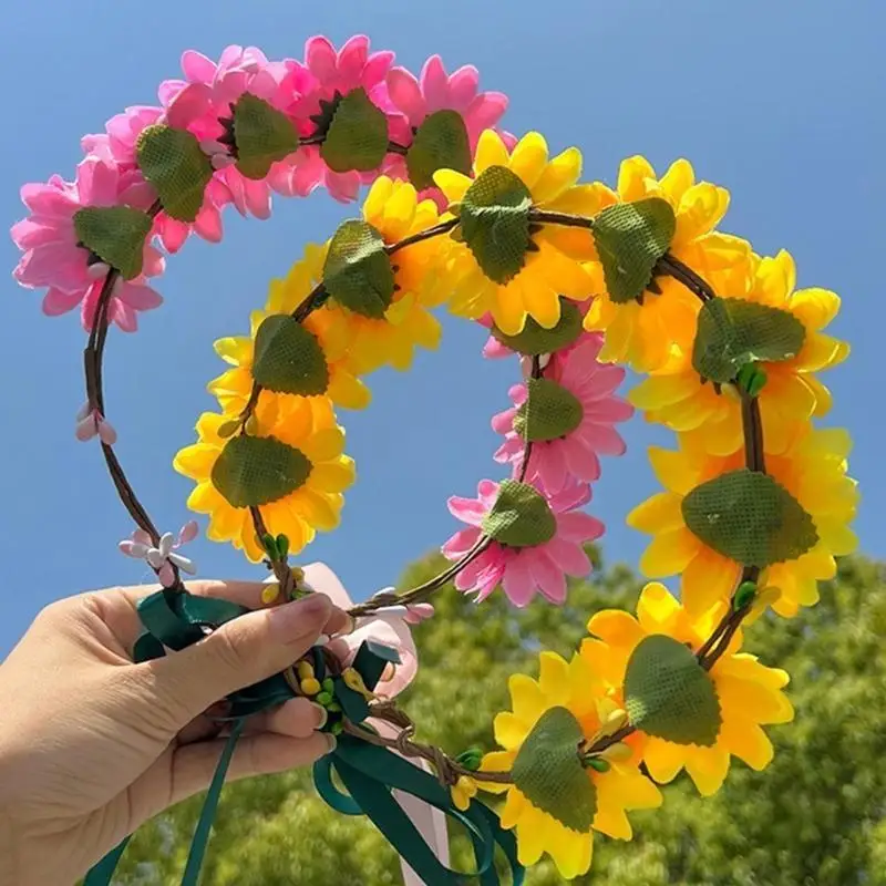 39BD Realistische Sonnenblumen Girlande Stirnband Böhmischen Krone Kopfschmuck Tiaras Haarband Frauen Hochzeit Party – Detail 2