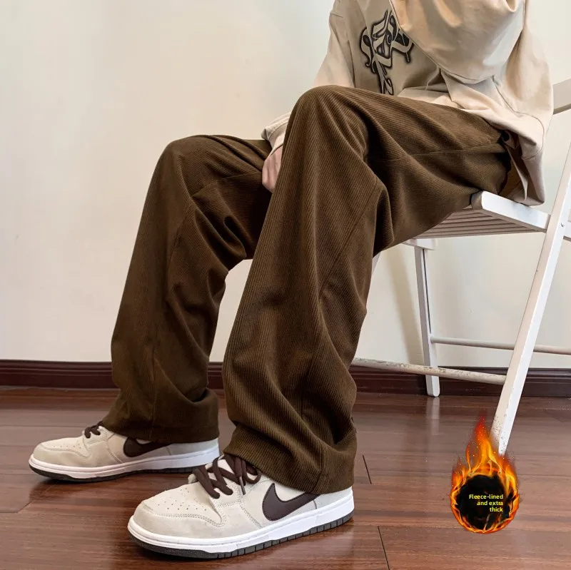 

Corduroy Coffee Color Men's Winter Thiened Straight Leg Pants American Retro Sweatpants Drape Wide Leg Pants Casual Trousers