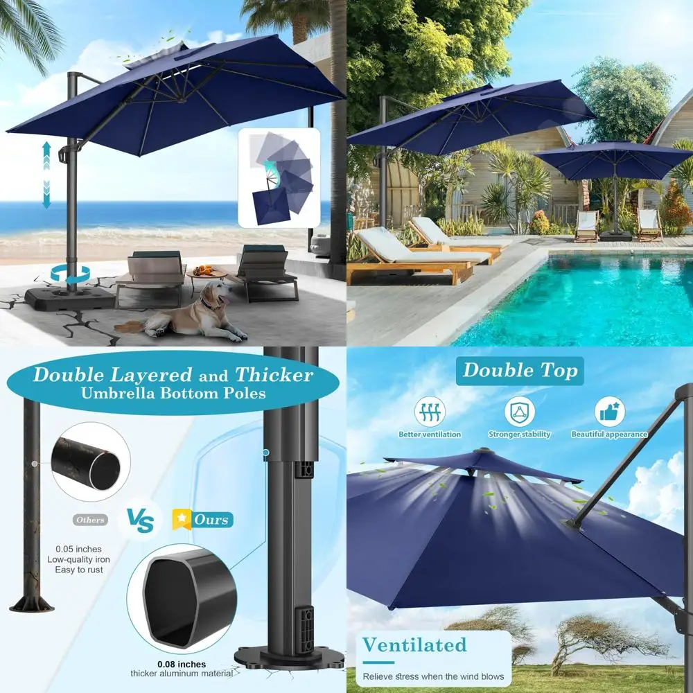 

Upgraded 10x10ft Cantilever Patio Umbrella with 360-Degree Rotation and 5-Angle Adjustment, Aluminum Double Top Design
