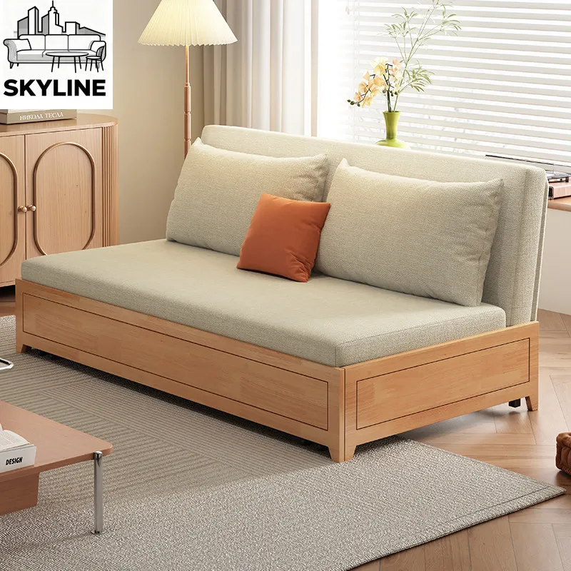 Solid wood sofa bed foldable dual-purpose multi-functional living room small apartment single double new fabric pull