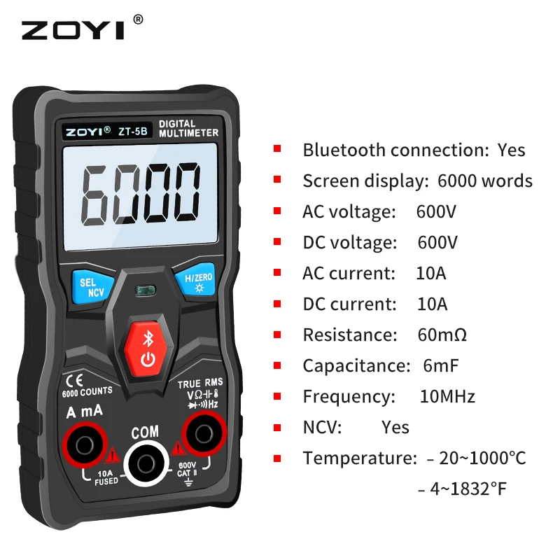 ZOYI 6000 Contagens Voltímetro Volt Amp Ohm Hz Diodo NCV Multímetros ZT-5B Multímetro Digital Sem Fio Auto-Ranging True RMS