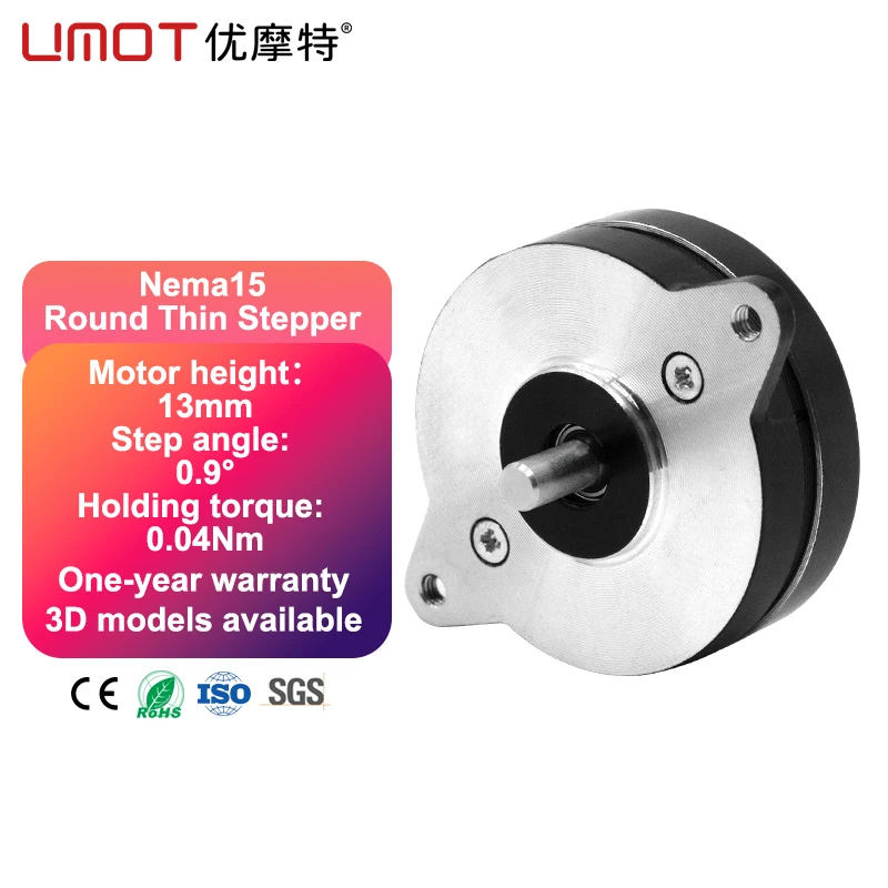 

UMOT 0,9 градуса 0,4A 36 мм Удерживающий момент 40 мНм 4 мм Диаметр вала 24 В постоянного тока NEMA 15 Ультратонкий гибридный круглый поворотный шаговый двигатель