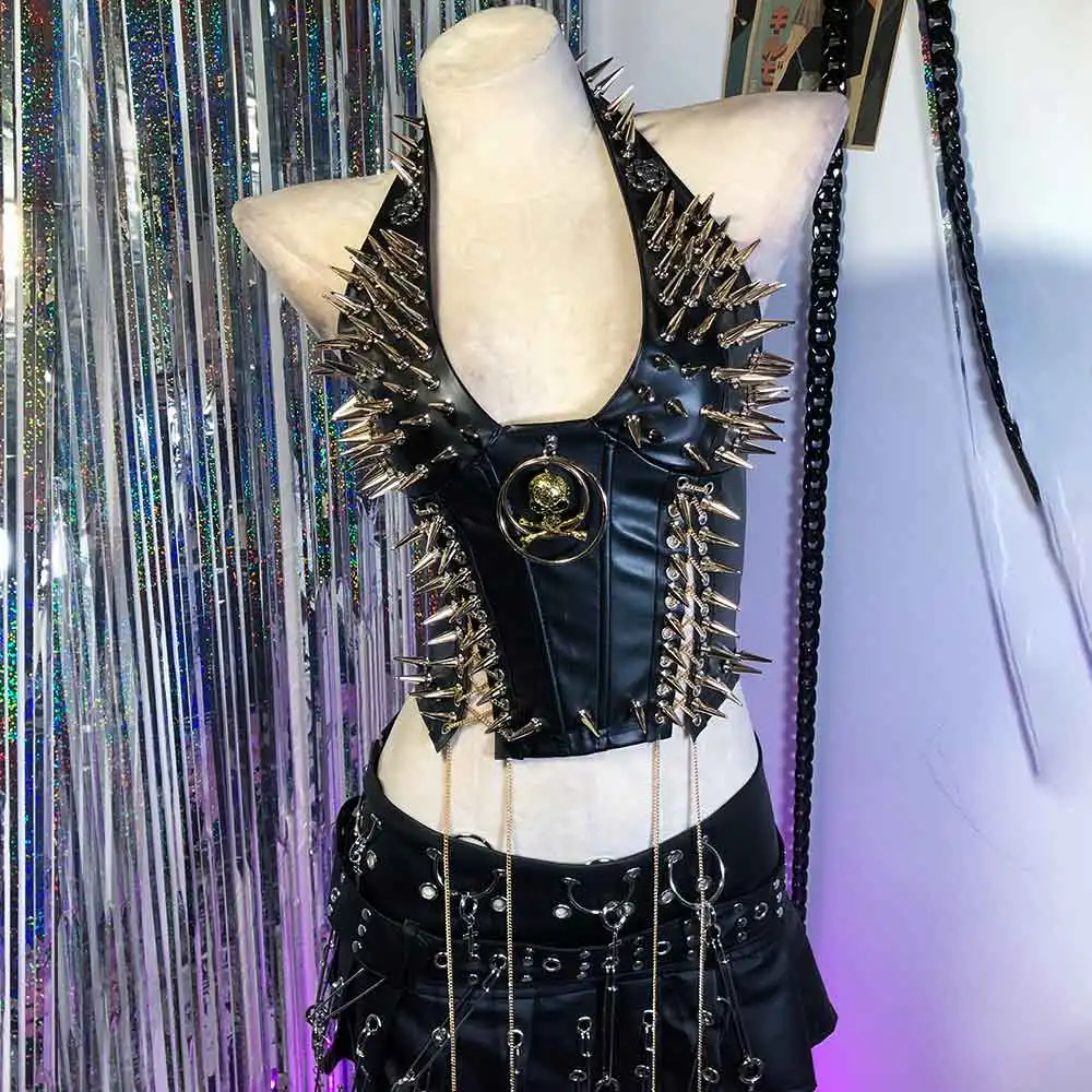 E-Girls Club Wear Goth Studded Rivet Eco Trendy Hand Made Gothic Y2K Tanks TOPS DIY Emo Grunge Halter Camisole Kawaii Punk Rock