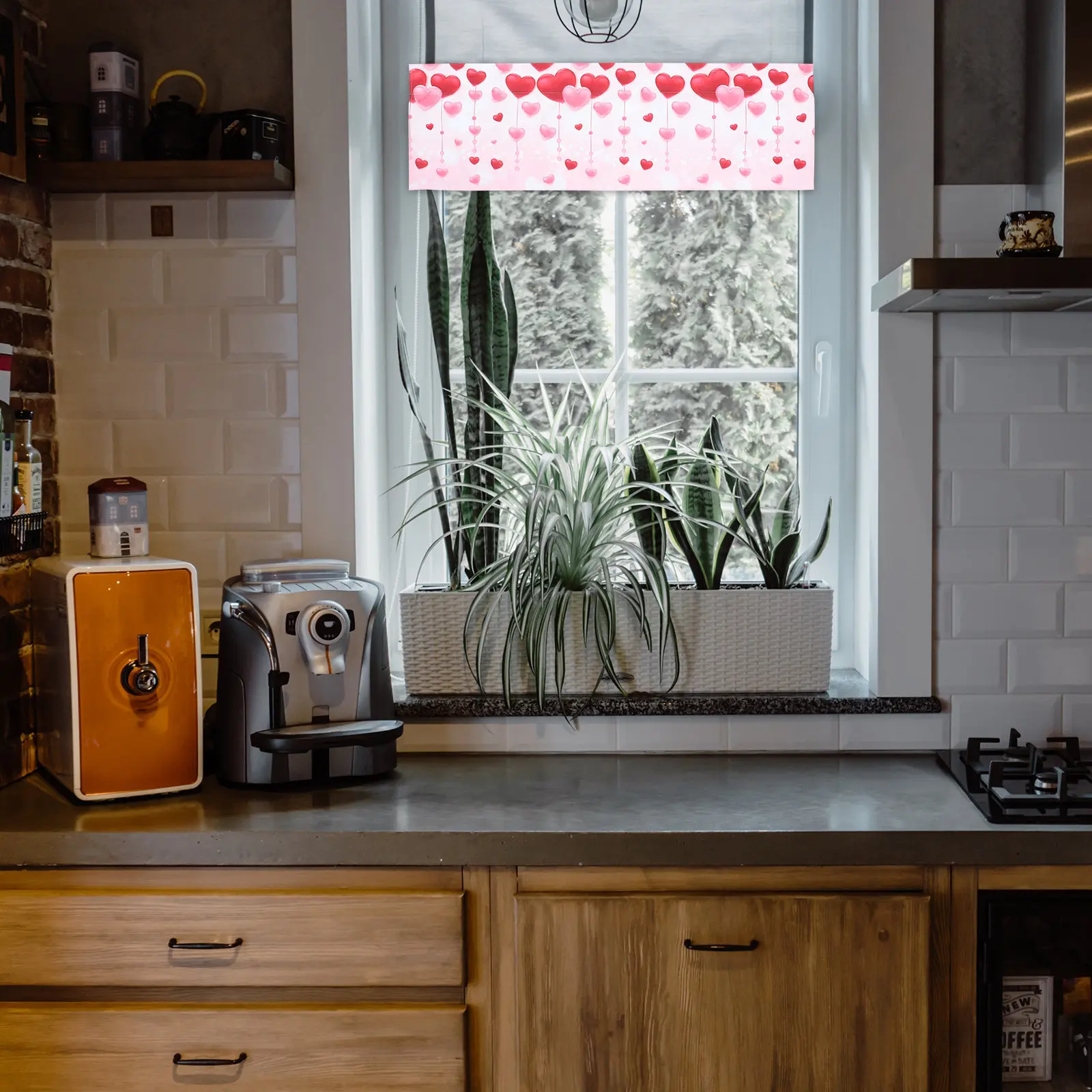 

1Pcs Kitchen Curtain Heart Prints Romantic Short Curtain for Window Decor Valentine's Day Love Pattern Home Kitchen Decorative
