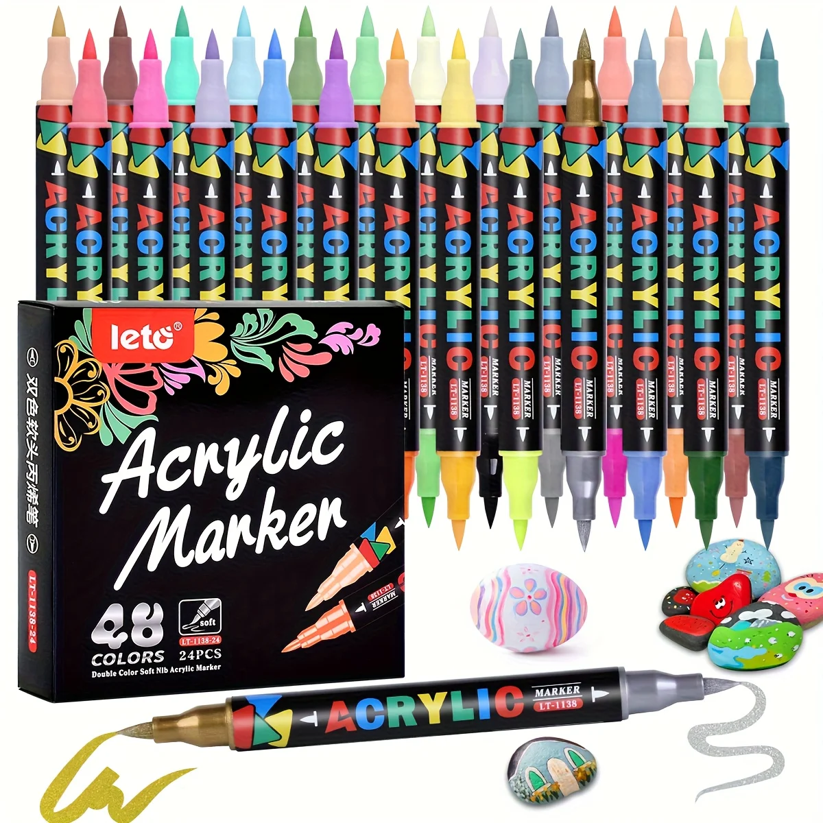 

LETU 24/48 Colors Double Head Acrylic Markers Handing Comfortable For Painting Rock Stone Wood Model DIY Cup Art School Supplies