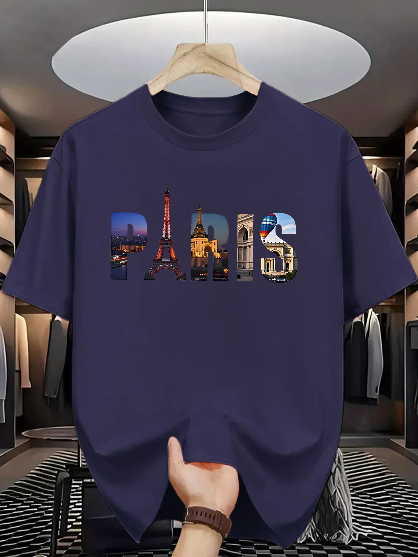 Paris Cityscape Photo Fill Letter Print on Premium Soft 100% Cotton Mens T shirt Perfect for Summer Casual Urban Style