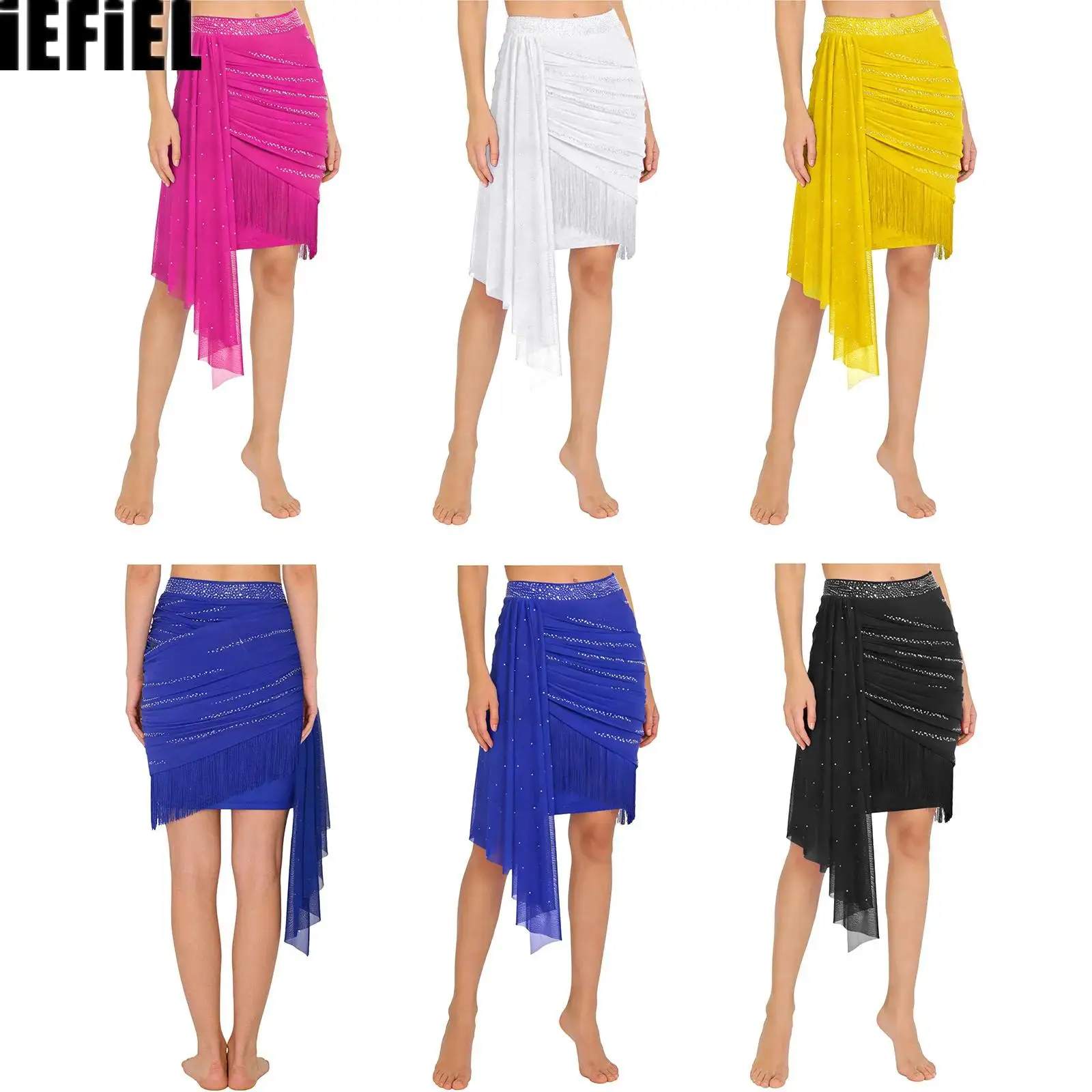 

Women Tassels Latin Dance Skirt Shiny Rhinestones Elastic Waistband Mesh Drape Salsa Ruched Skirt for Performance Competition