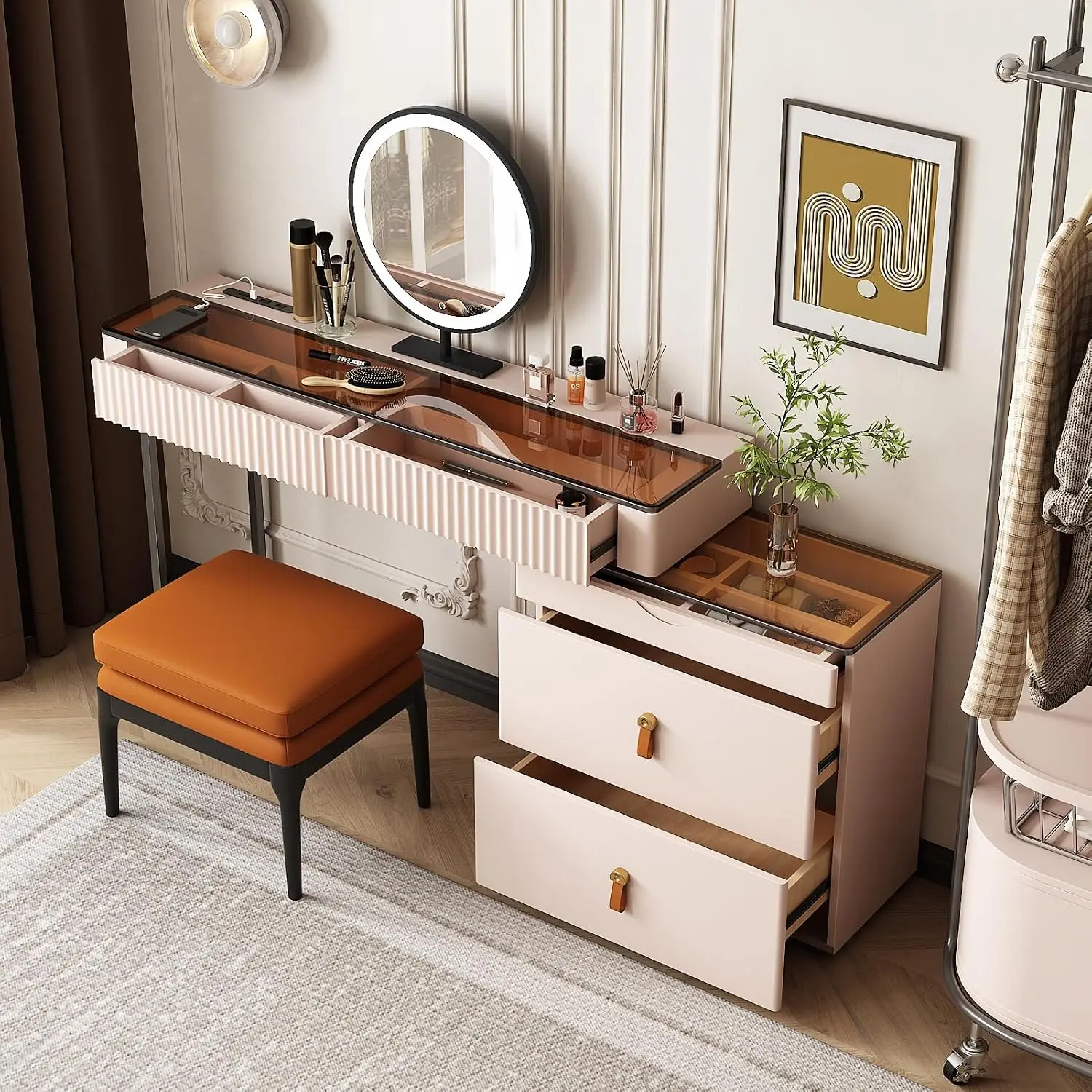 Makeup Vanity、extendable Dresser Set、Dressing Table,Super Storage、LED Lighted Vanity Mirror with ash All Solid Wood, Customized