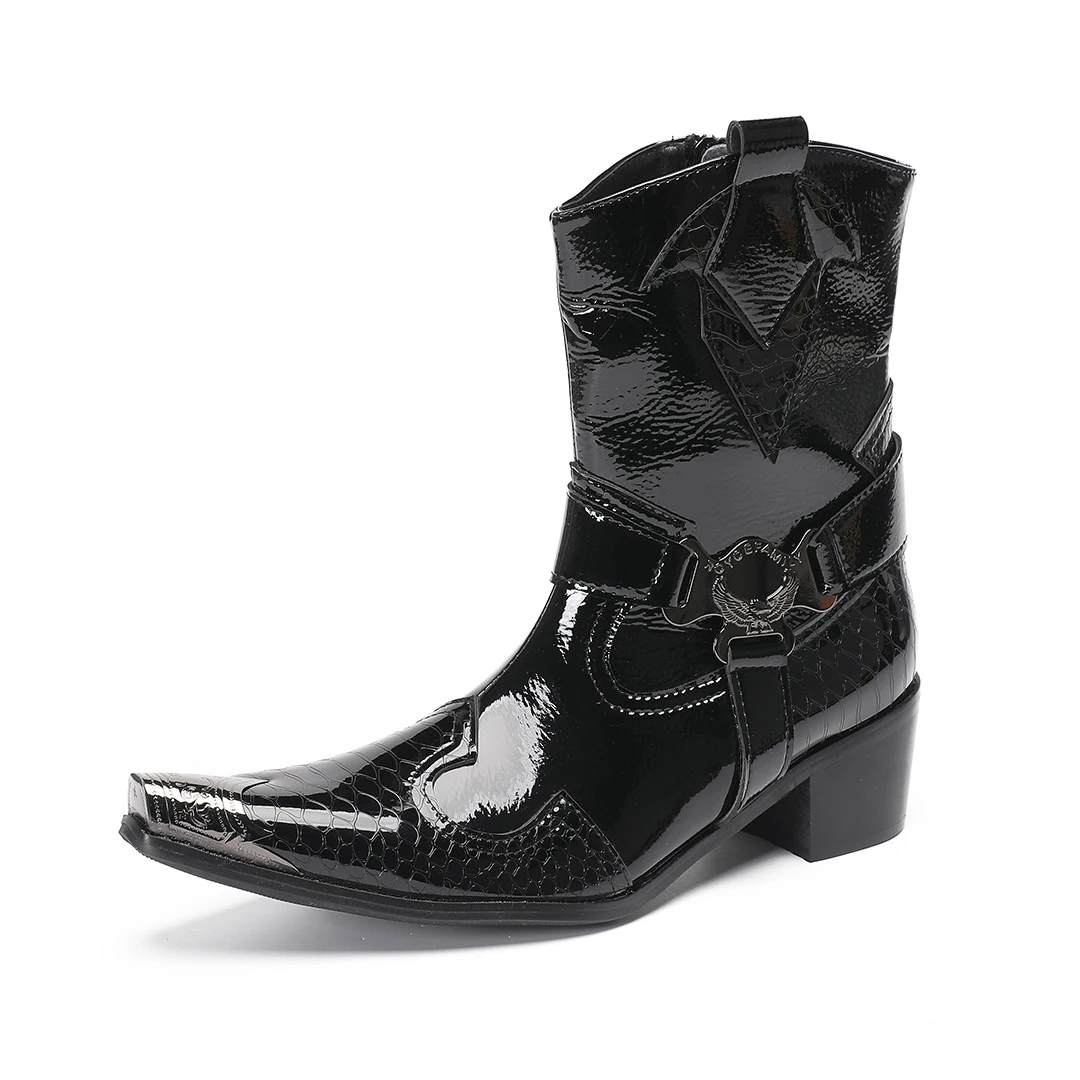 Handmade Black Western Cowboy Boots Men's Mid Calf Zipper Men's High Heels Pointed Boots