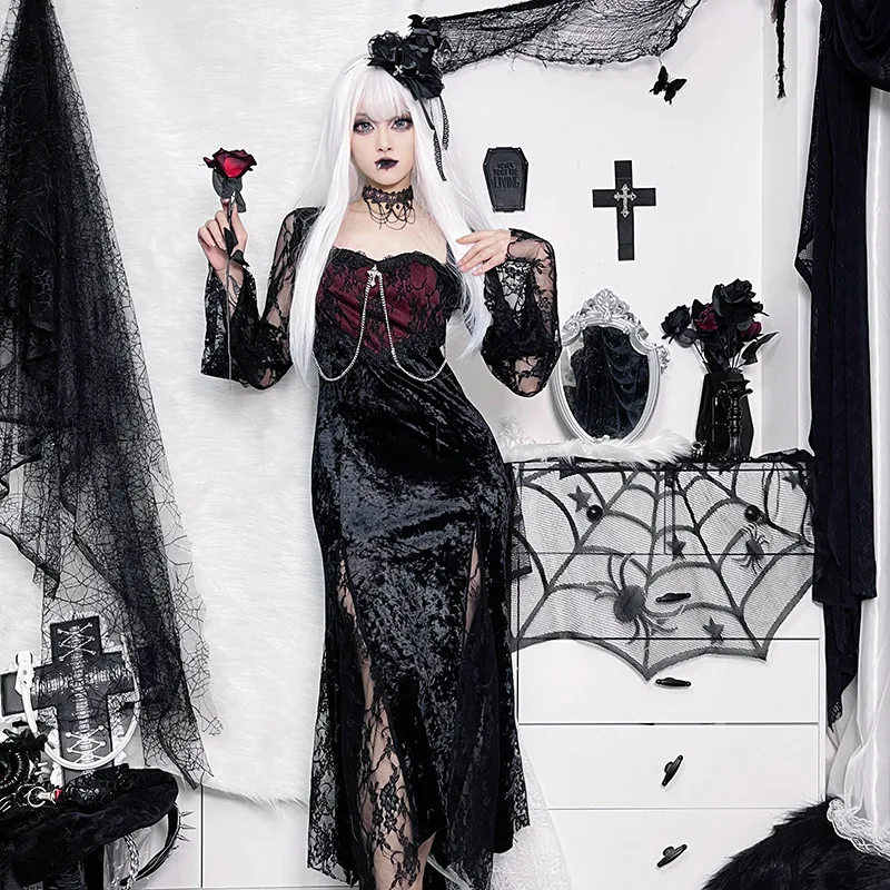 Maxivestido negro gótico Vintage para mujer, traje Sexy ajustado de encaje, vestidos largos divididos Punk de los años 90, ropa de Cosplay para Halloween