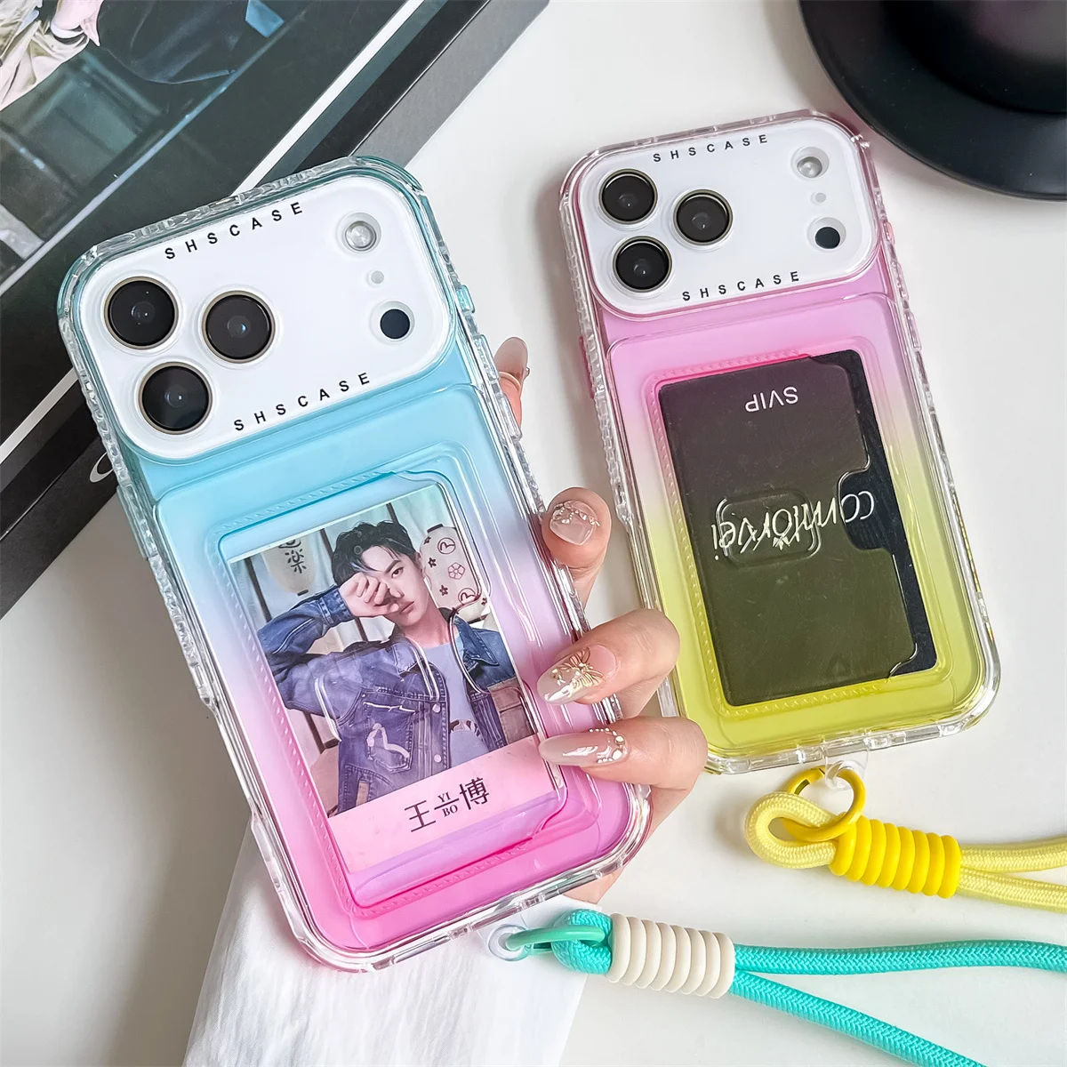 

SHSCASE Luxury 4 in 1 Gradient Color Card Holder Case for iPhone 17 Pro Max 17 Pro 17 Air Wrist Strap Color Collision Card Case