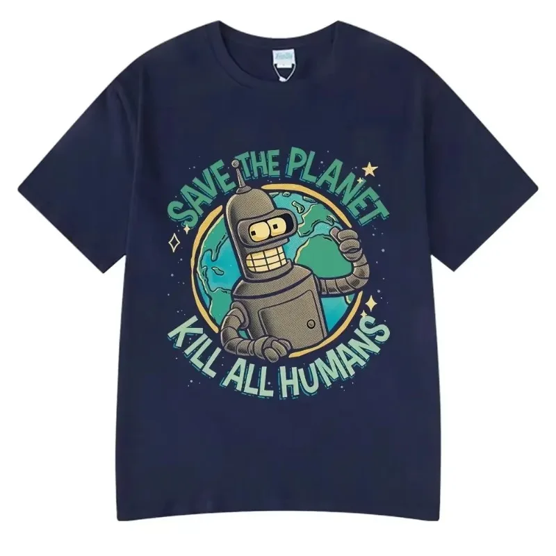 New Earth Saving and Human Elimination Funny Robot Printed Oversize Men's and Women's Summer Cotton Loose Casual T-shirt