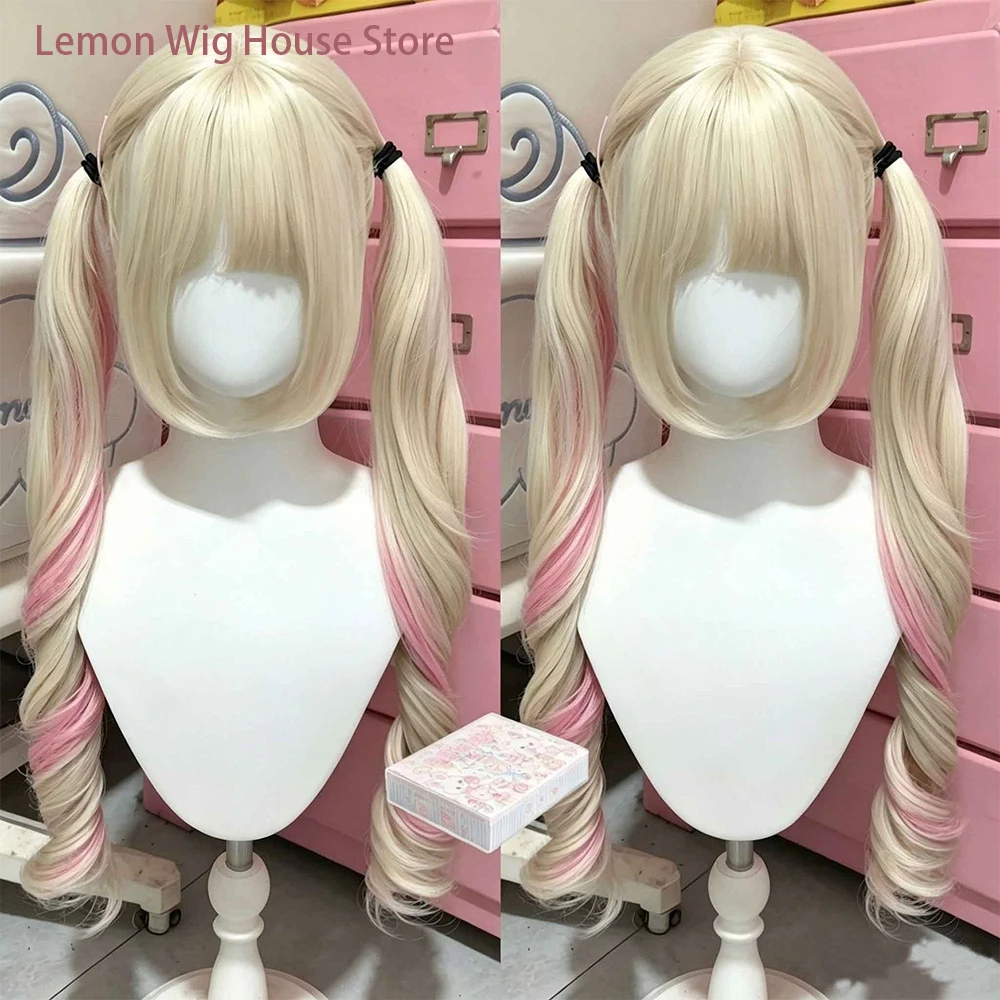 Platinum Ombre Pink Wig with Bangs Lolita Anime Cosplay Wigs Double Ponytail Long Curly Hair Halloween Costume Wig for Women