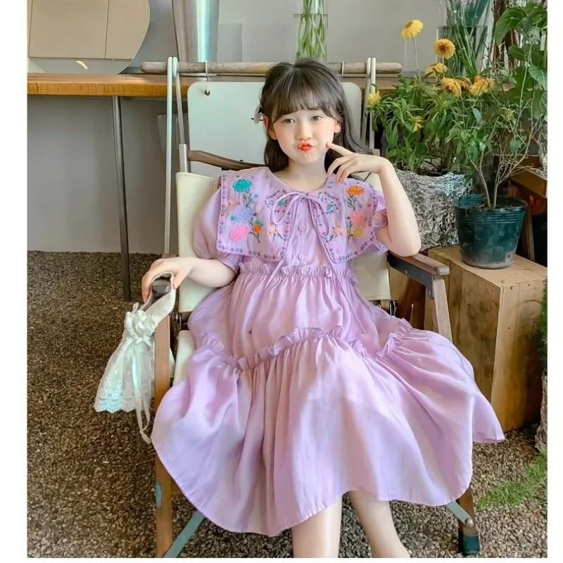 Korean Version Fashion 4-12Y Girl Flower Printed Princess Cake Dress Summer Sleeveless Chiffon Teens Beach Vacation Clothes
