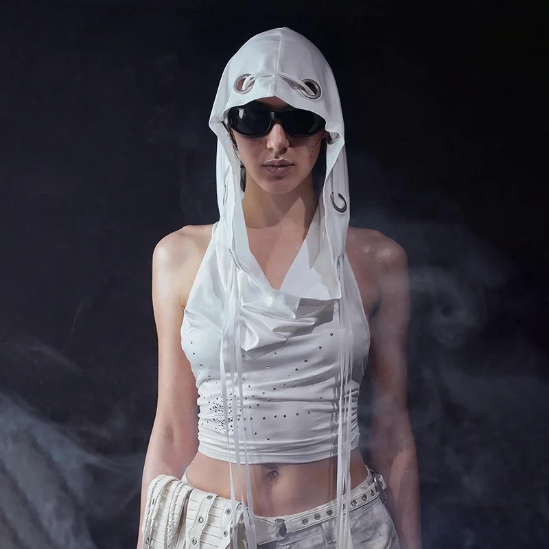 

2026 Spring and Autumn New Fashion European American Sexy Spice Girl Style Sleeveless Hooded Solid Color Tank Top for Women