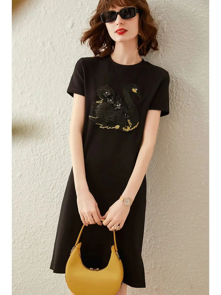 LOUIS YAO Women T-shirt Dress 3D Embroidery Swan Casual Straight Loose Fit Round Neck Short Sleeve Mid Length Dress