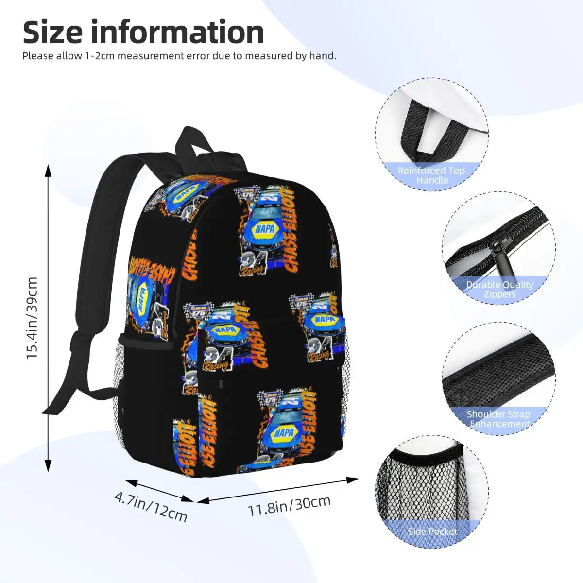 Chase Elliott NAPA Racing Backpack Student Boys Girls BookBag Men Women School Bag Laptop Shoulder Bags