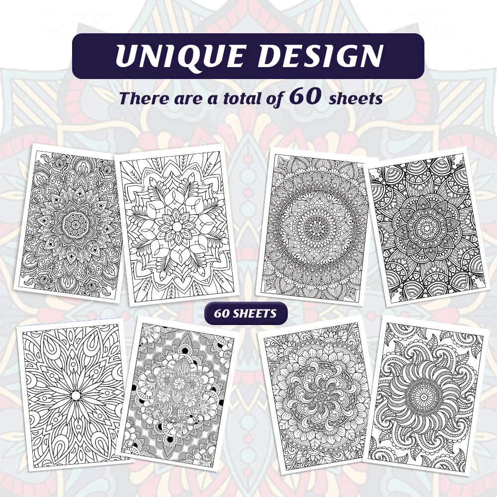 60 Pages Mandala Pattern, Adult Coloring Book, Fun Coloring Book, Relaxing and Stress Relieving Drawing Book