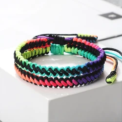 2pcs/set Rainbow Rope Handmade Braided Bracelet Charm Lucky Meditation Buddhist Braeclets Adjustable Size Bangles Lover Jewelry
