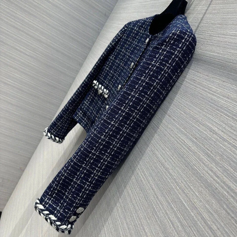 Fashion Design Blue Plaid Woven Tweed Jacket Women O-neck Long Sleeve Single Breasted Twist Pockets Vintage Coat