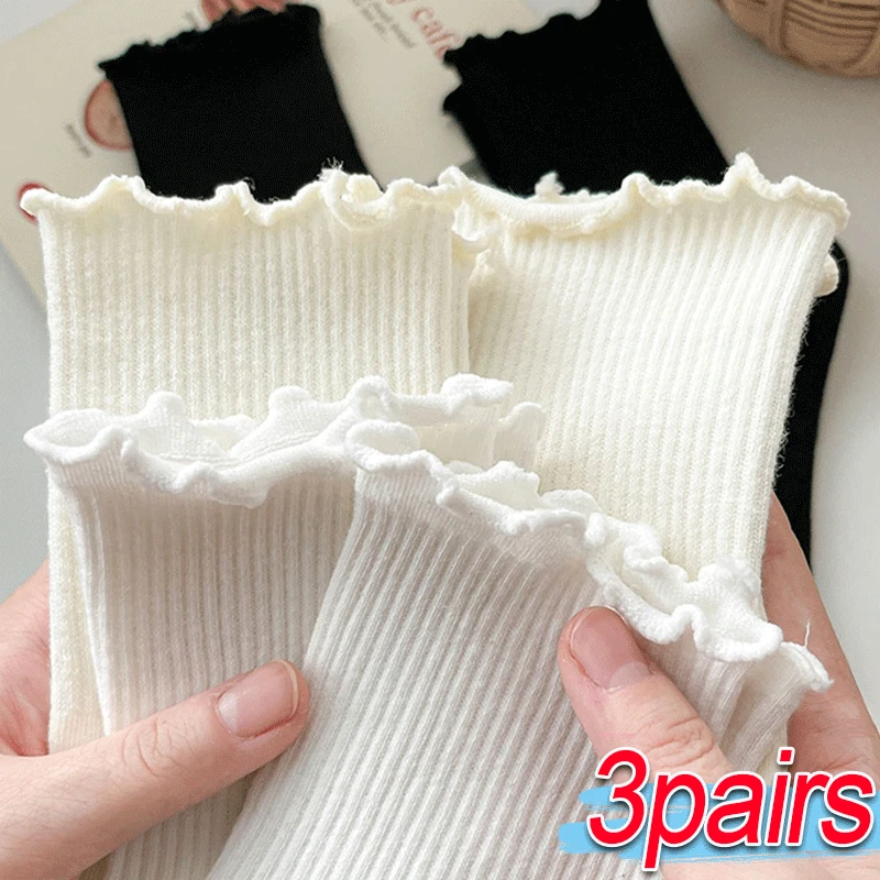 1/3pairs Summer Cotton Ruffles Ankle Socks Women Cute Kawaii Luxury Korean Sock Girl Spring Black White Middle Tube Japanese Sox