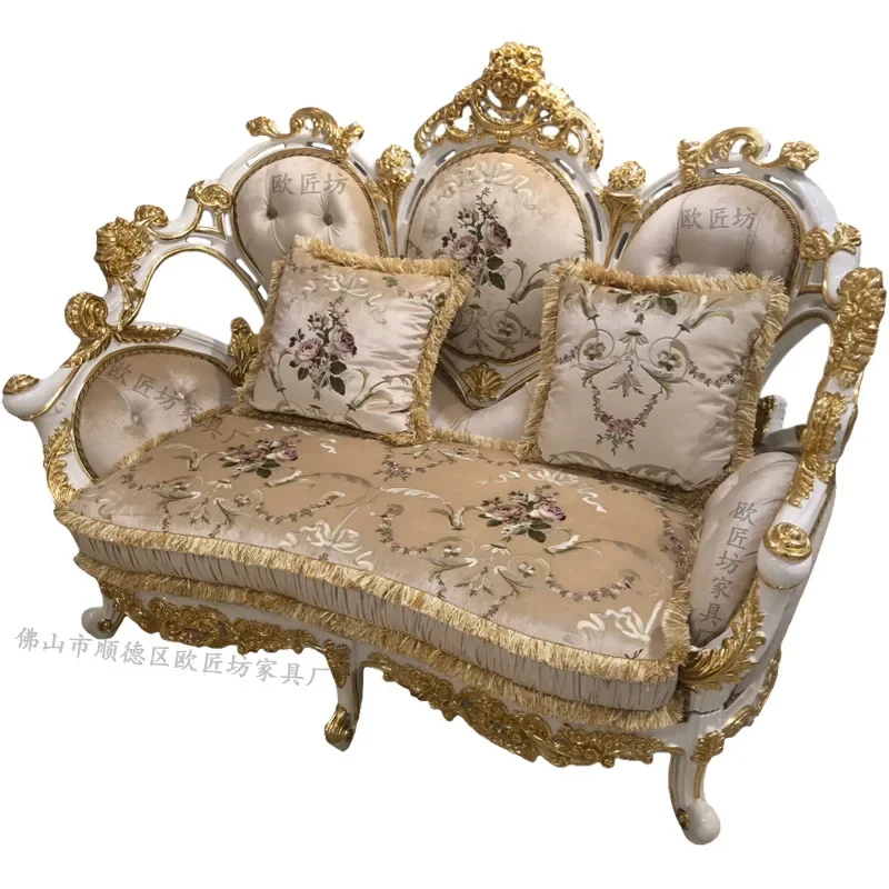French fabric sofa, solid wood double-sided carved European fabric sofa, villa large-sized sofa