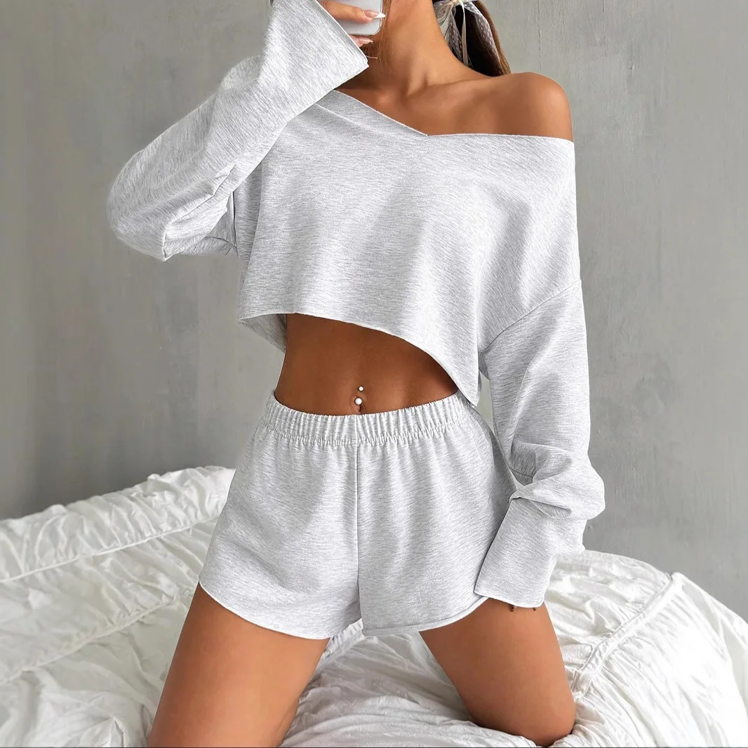 Women\'s Two Pieces Set Plain Drop Shoulder V-neck Crop Top and Elastic Waist Shorts Casual 2 Piece Sets Women Outfit