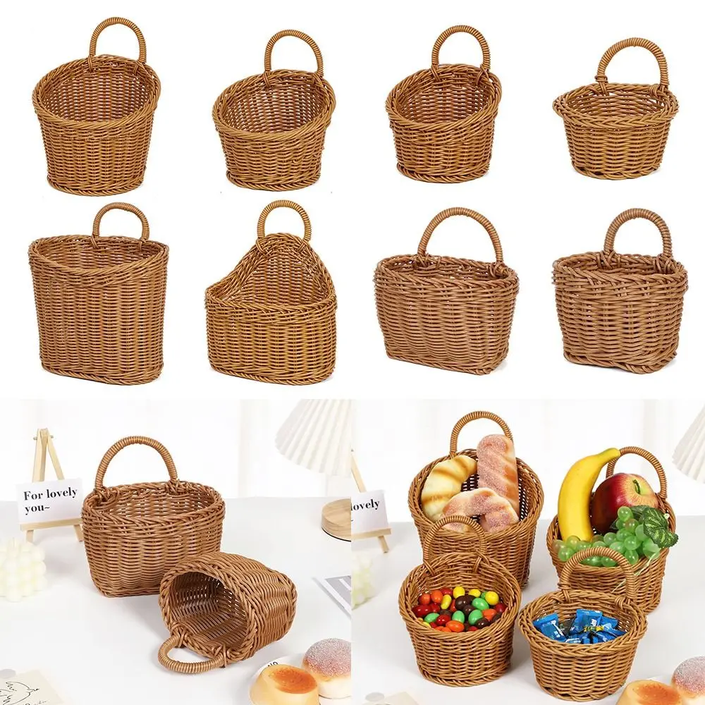 Imitation Rattan Kitchen Storage Basket Home Decoration with Handle Hand-woven Hanging Baskets Vegetable Fruit Flower Brown