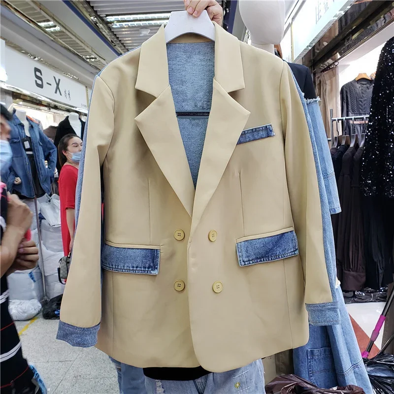 Spring New Women Contrast Color Denim Patchwork Blazers Black Khaki Notched Collar Double Breasted Female Casual Suit Jacket