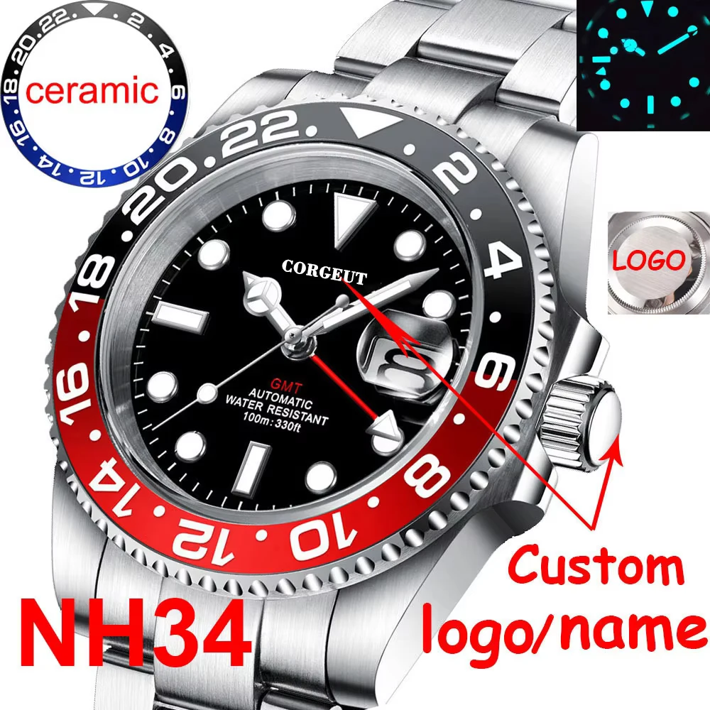 Custom Logo New Men Mechanical Wristwatch Jubilee Stainless NH34 GMT Watch Sapphire Glass Men Watches  hombre