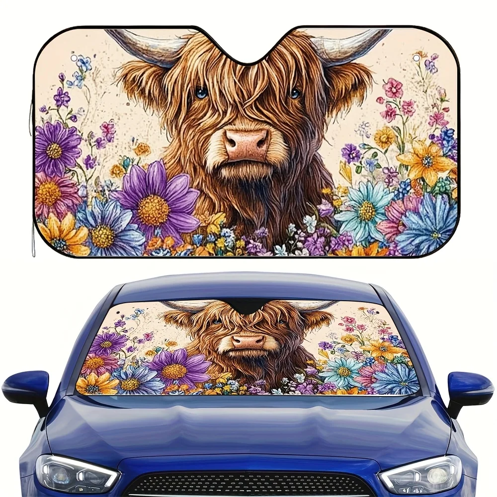 

1pc Highland Cow Floral Car Sun Visor - Universal Fit Spring Flowers Design, Heat-Reducing Comfort For Drivers & Passengers, Sty
