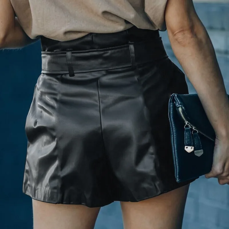 S-XL Women Leather Shorts with Belt Bottoms Casual PU Leather Black Female New Fashion High Waist Soild Loose Drawstring Shorts
