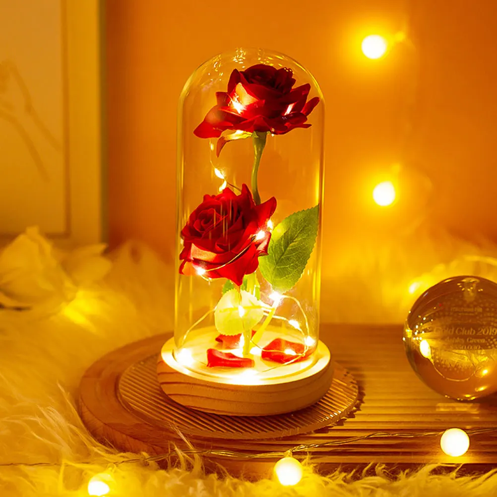 

Artificial Rose Glass Dome LED Fake Flower In Glass String Light Warm White Indoor Desktop DecorRose Night Lamp Valentine Gift