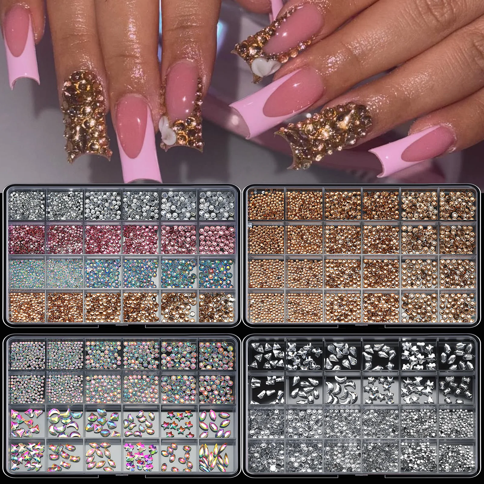 1Box White Champagne AB Rhinestone Nail Art Decorations Gothic Style Multi-Size Flat Rhinestone Shiny Accessories DIY Nail Suppl
