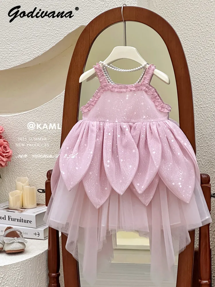 

Baby Girls Summer Flower Fairy Slip Dress 2026 Kids French High End Pink Lotus Petal Tulle Sequin Princess Birthday Party Gown