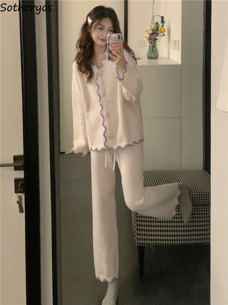 Pajama Sets Women Plus Velvet Ins Thickened Flannel Homewear Autumn Winter Single Breasted Trendy Popular Soft Gentle Pyjamas