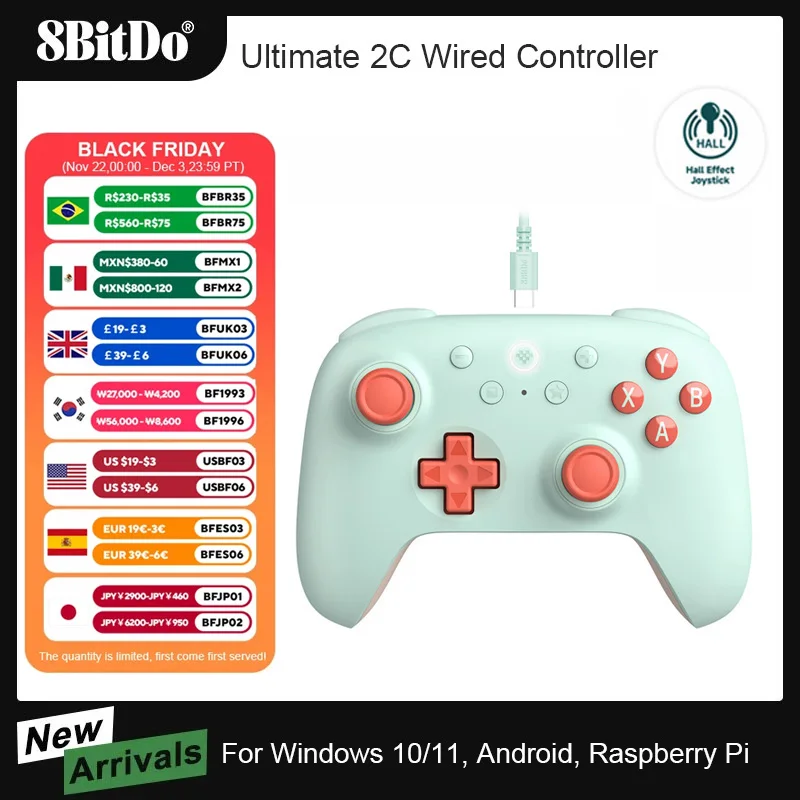 AKNES 8BitDo Ultimate C/2C Wired Game Controller Gamepad Joystick for PC Windows 10, 11, Steam Deck Raspberry Pi Android