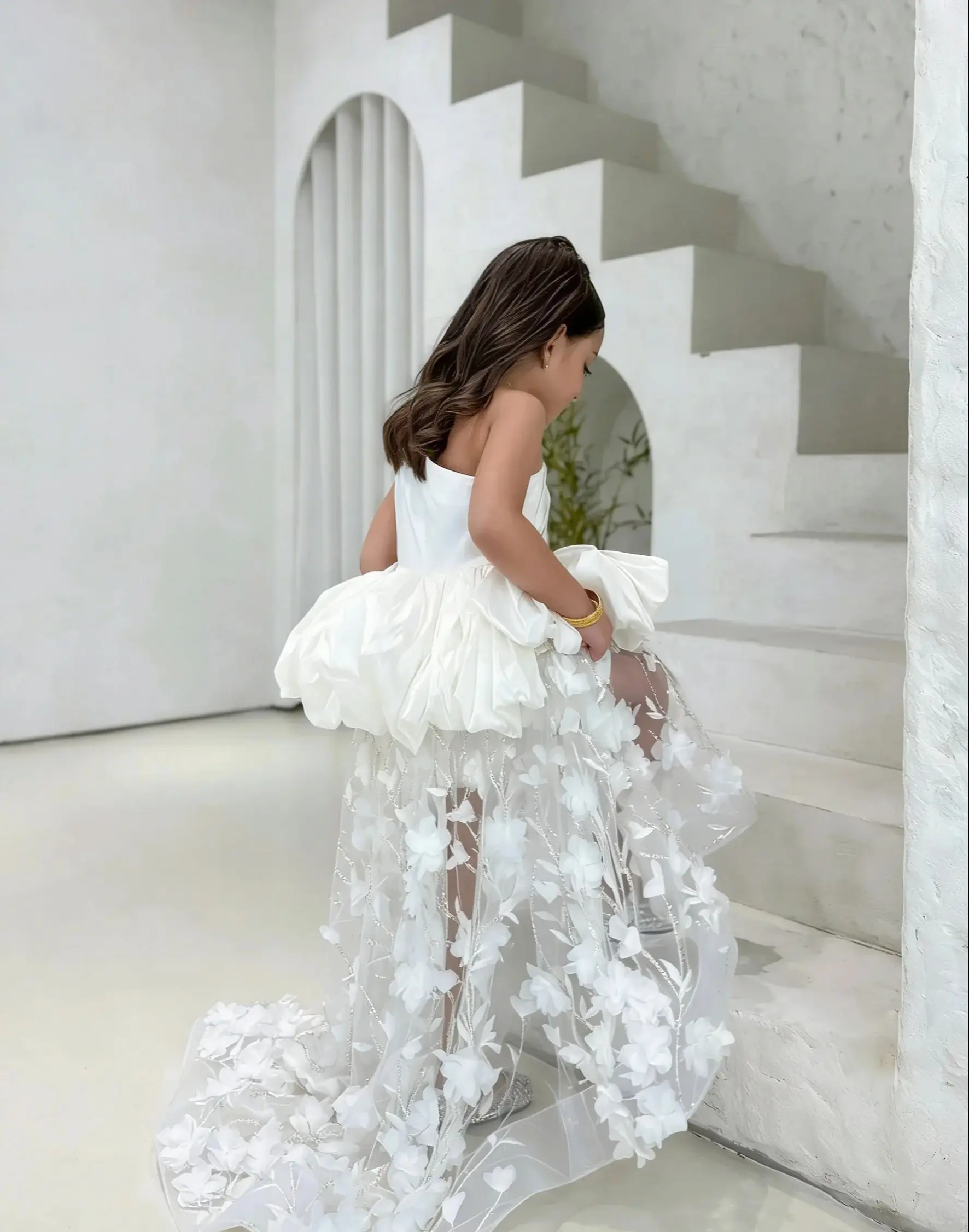 Elegant Customized Flower Girl Wedding Dress One Shoulder  Applique Tulle Splicing Kids Birthday Party First Communion Gown