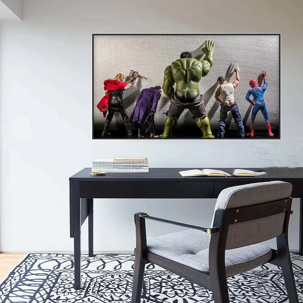 MINISO Superhero Funny Pee Canvas Painting Spider-Man Hulk Thor in Toilet Wall Art Poster Home Room Picture Print Artwork