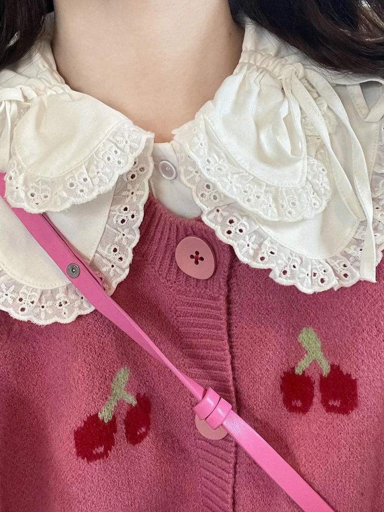 Pastoral Mori 일본 오리지널 로리타 인형 칼라 레이스 업 셔츠 달콤하고 귀여운 소녀 흰색 레이스 다목적 긴팔 탑