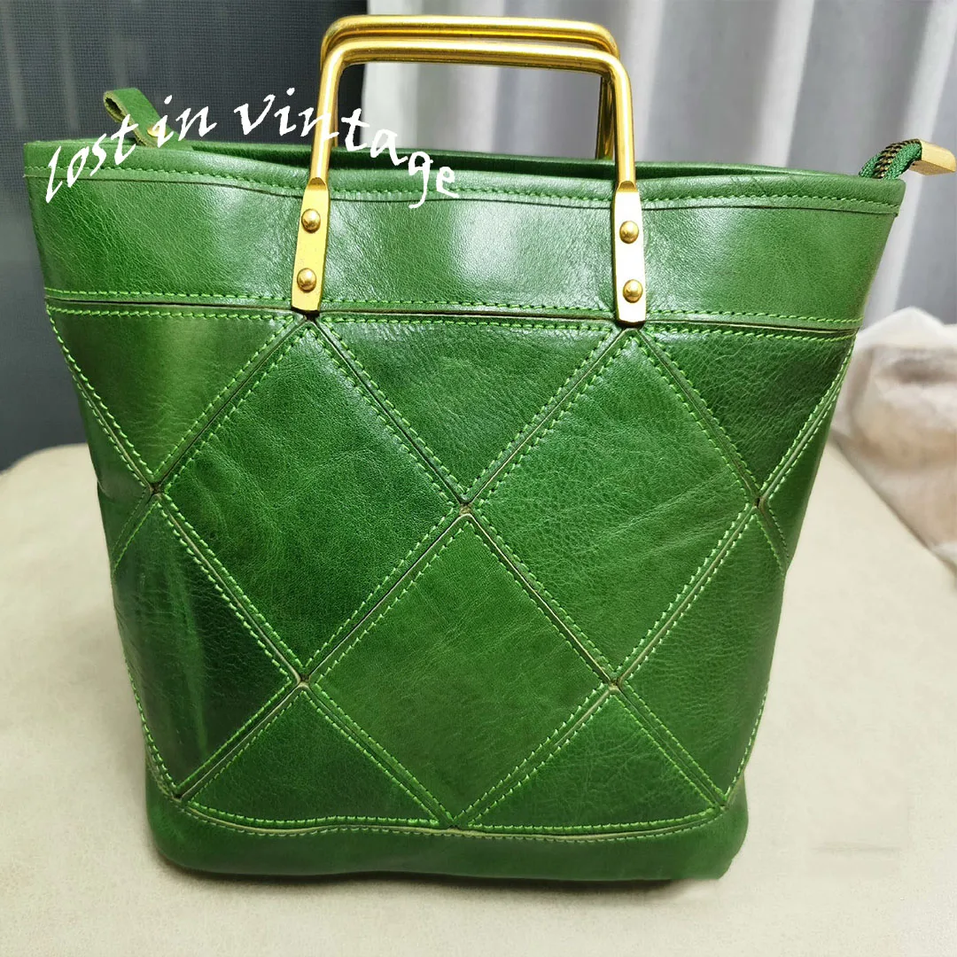 LOST IN VINTAGE Green Bag 27x20x9cm Lingge Splicing Leather Bag Metal Handheld Big Plus Clutch Evening Bag