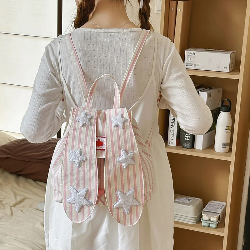 Cute rabbit ears thin nylon backpack student vertical stripe collision color star Kawaii schoolbag small backpack