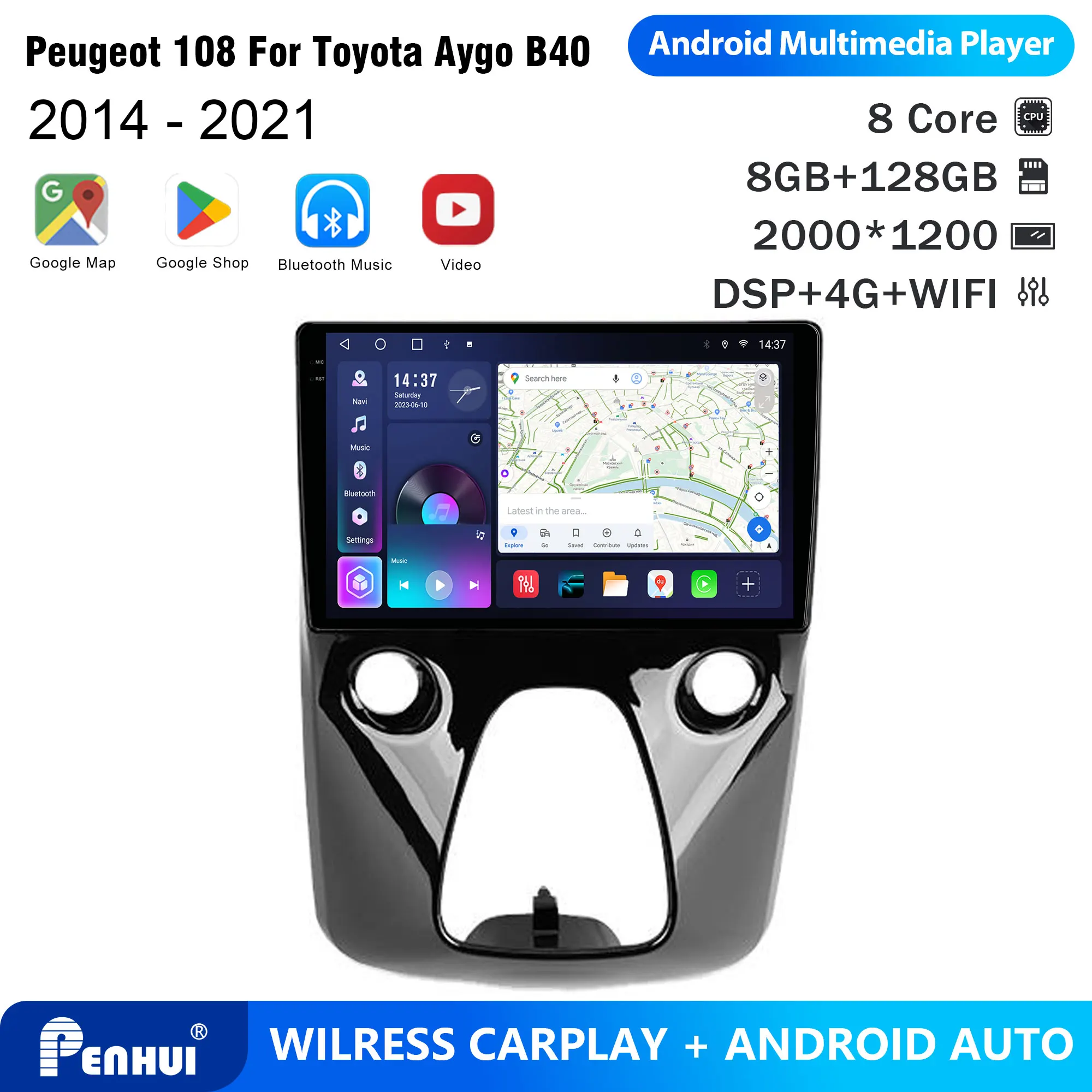 Penhui For Peugeot 108 For Toyota Aygo B40 2014 - 2021 Android Car DVD Player 2Din 9'' Touchscreen DSP Video Multimedia System