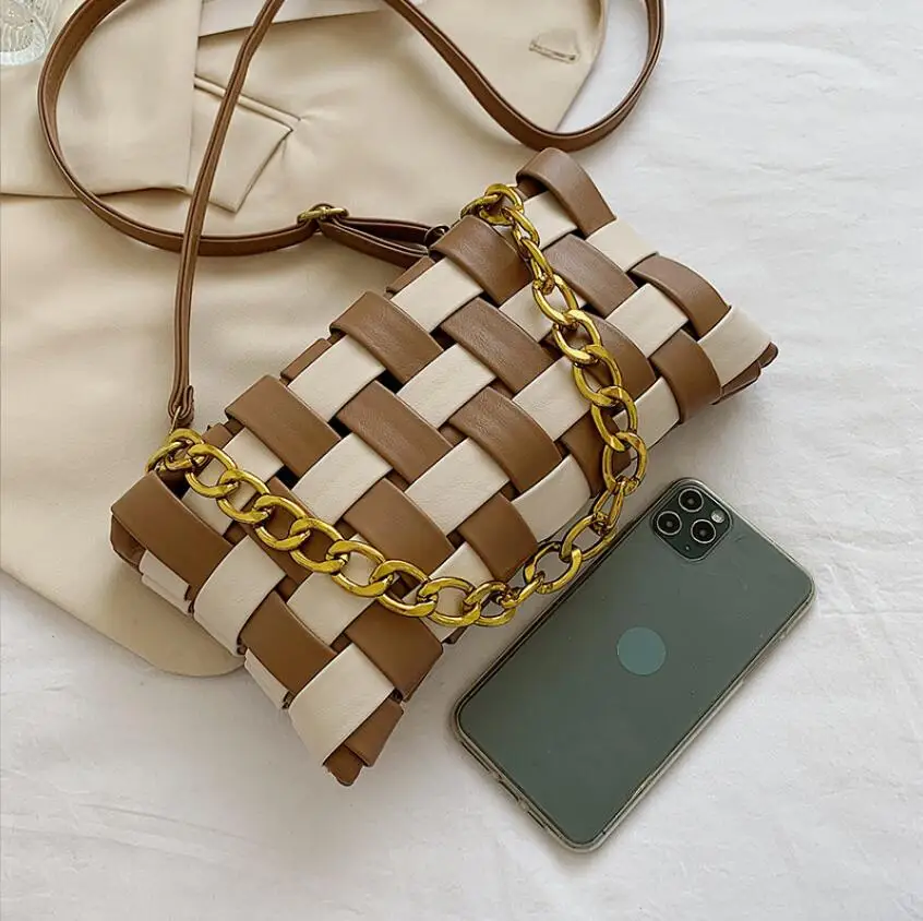 Fashion PU Woven Envelope Bag Women's Color Block Checkered Shoulder Bag Chain Crossbody Bag Storage Wallet