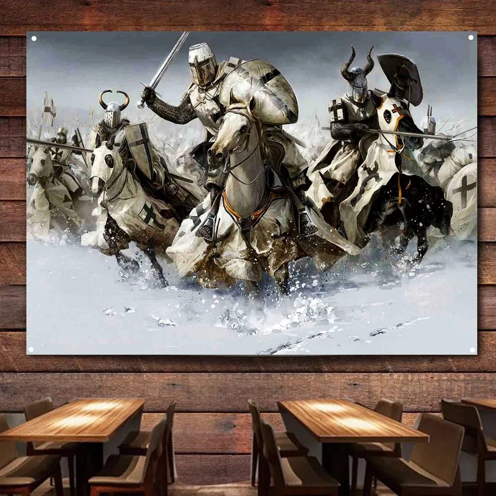 Christ Crusader Armor Warrior Flag Home Decor Banner Vintage Knights Templar Wall Art Posters Tapestry Canvas Print Art Painting