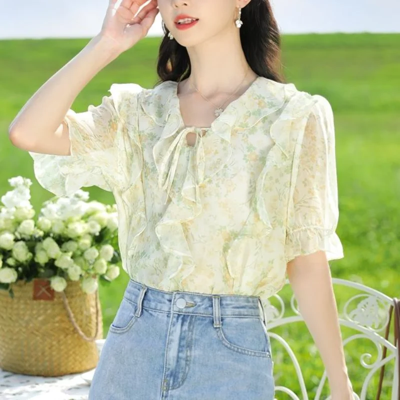 女性用半袖気質プルオーバーシャツ、革新的な服、シンプルなプリント、引きひも、Vネック、夏のファッション、新しい、2024